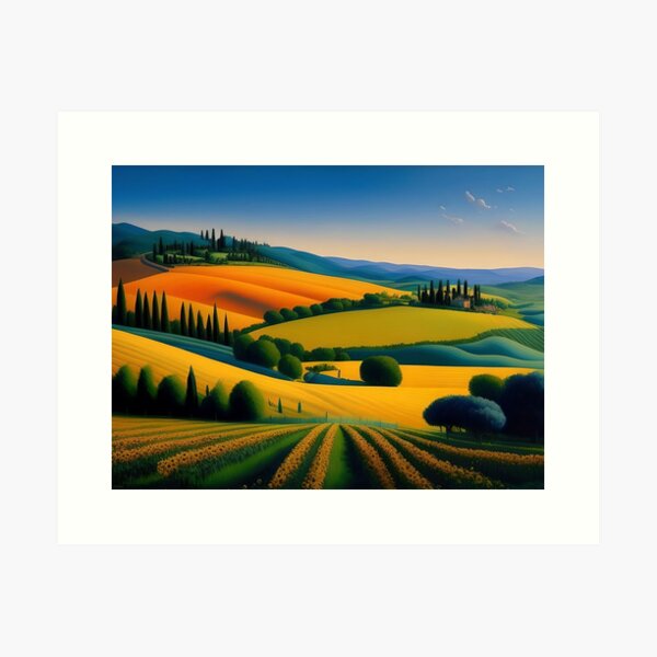 Item preview, Sunflower fields, Italian village and vineyard rolling hills, Italy, landscape painting designed and sold by Jéanpaul  Ferro.