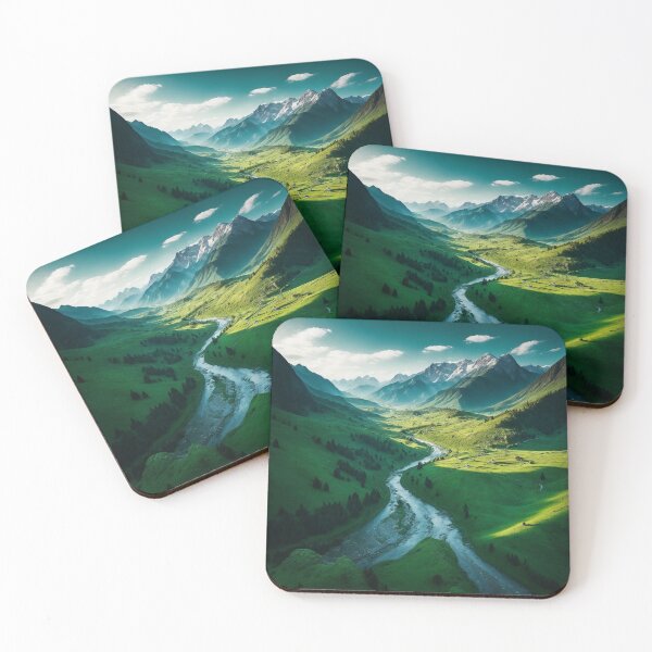 Item preview, Mountain Landscapes with a Lush Green Valley and Winding River, Ai Generated Art designed and sold by AiGens.