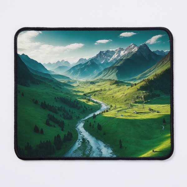 Item preview, Mountain Landscapes with a Lush Green Valley and Winding River, Ai Generated Art designed and sold by AiGens.