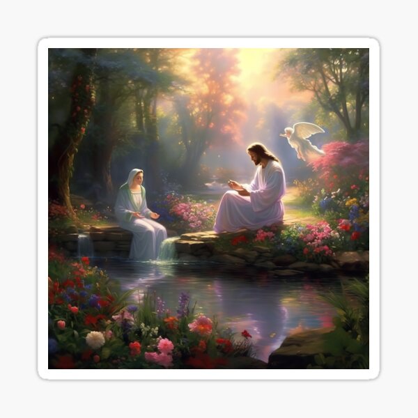 Jesus and the Virgin Mary in Heaven's Garden Sticker