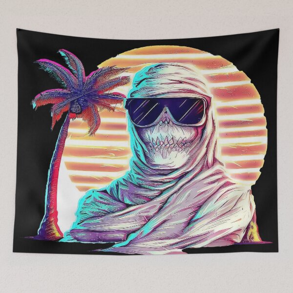 Item preview, 80's retro vaporwave funny mummy in sunglasses on egyptian palm beach designed and sold by TomFrontierArt.