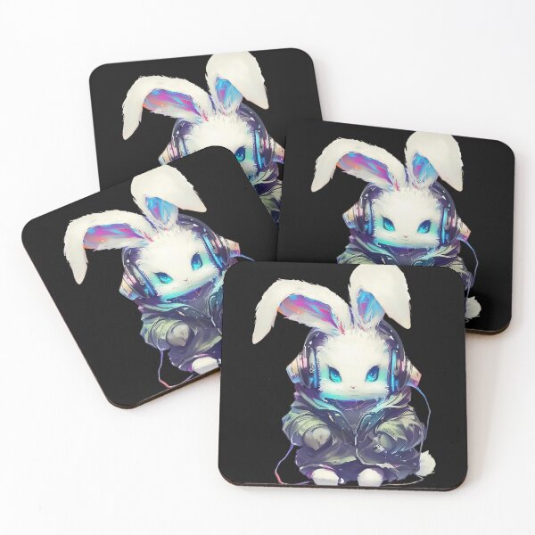 Item preview, Color Cute white bunny rabbit in headphones and hoodie cyber style designed and sold by TomFrontierArt.