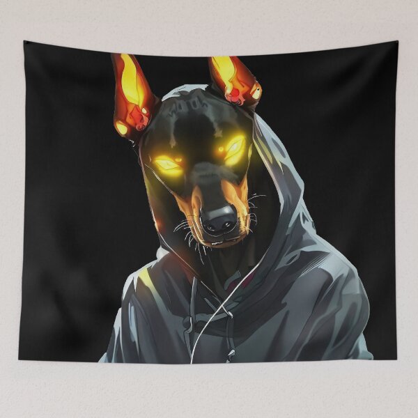 Item preview, Color cool doberman dog with yellow glowing eyes in hoodie cyber style designed and sold by TomFrontierArt.