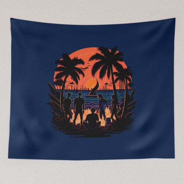 Item preview, Coastal Bonfire Bliss: Friends Embracing Sunset's Warmth Beach designed and sold by DesignArtEmpire.