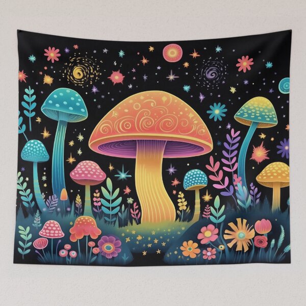 Aperçu de l'œuvre Magic mushrooms. Psychedelic hallucination. Vibrant illustration. 60s 70s hippie colorful art. créée et vendue par anytka.
