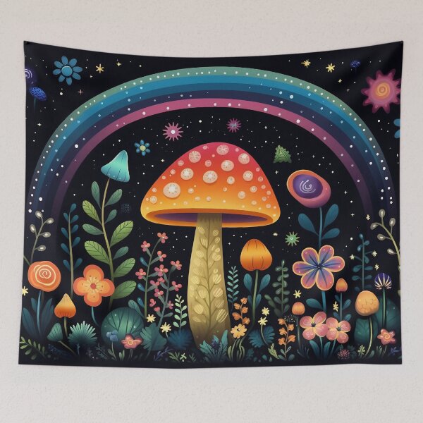 Aperçu de l'œuvre Magic mushrooms. Psychedelic hallucination. Vibrant illustration. 60s 70s hippie colorful art. créée et vendue par anytka.
