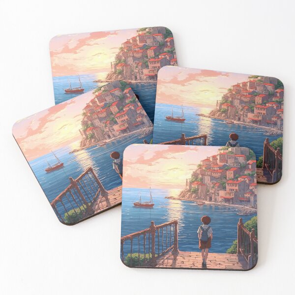 Item preview, Little boy at sunset in Santorini island - anime scene designed and sold by iguananick.