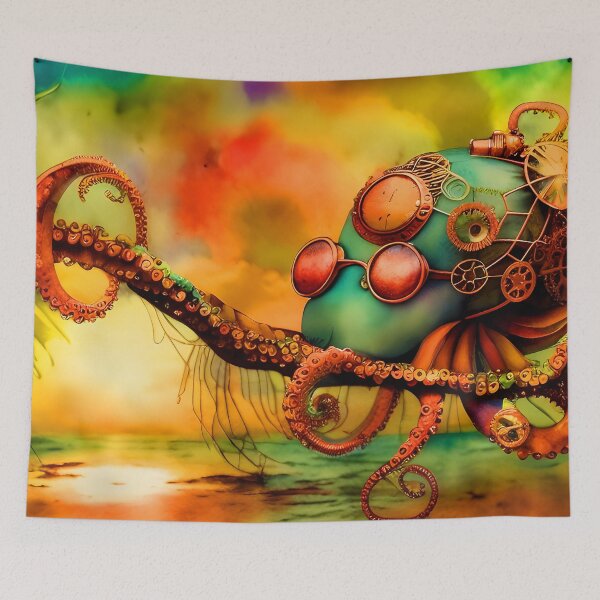 Item preview, Octopus Art Metal Look Brass and Copper Tones Steampunk Inspired Octopus AI Art 5 of 8 designed and sold by Beachy.