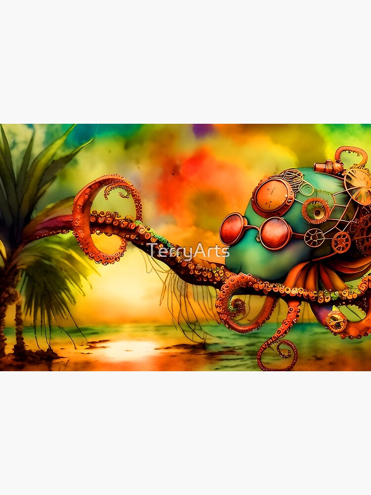 "Octopus Art Metal Look Brass and Copper Tones Steampunk Inspired