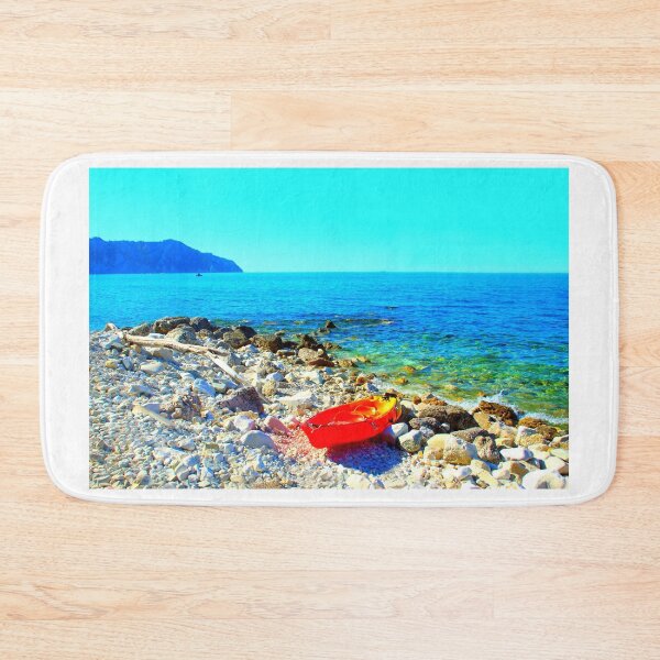 Item preview, Scene in Spiaggia delle Terrazze with a boat on a rocky beach designed and sold by Kristina Drozd.