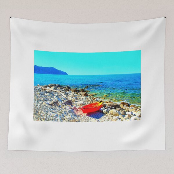 Item preview, Scene in Spiaggia delle Terrazze with a boat on a rocky beach designed and sold by Kristina Drozd.