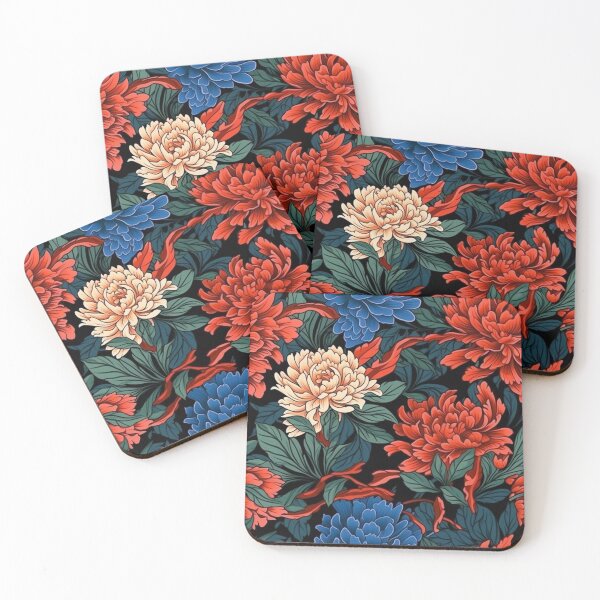 Item preview, Peony Red Blue and Cream Flower Pattern  designed and sold by ANWA15.