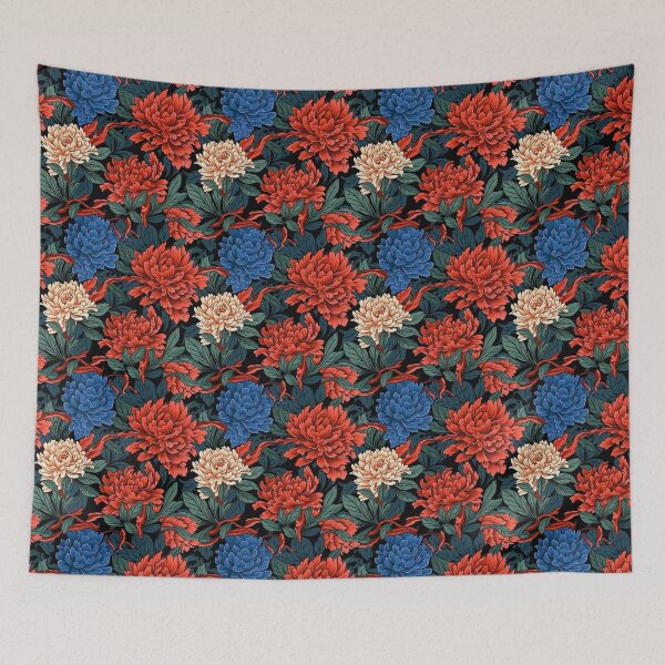 Item preview, Peony Red Blue and Cream Flower Pattern  designed and sold by ANWA15.