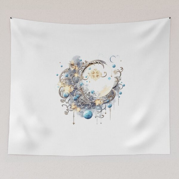 Item preview, Enchanting Floral Golden Blue Moon Motif Illustration, Celestial Magic designed and sold by ShreyaaArts.