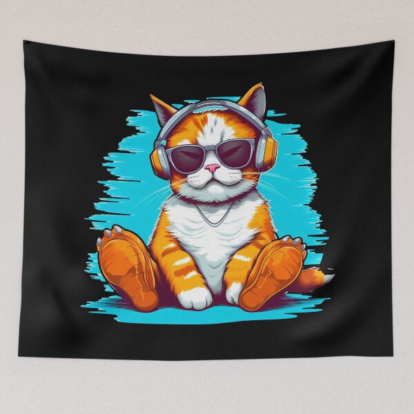 Item preview, Groovy Vibes: Red Cat Chillaxing with Headphones  designed and sold by BNCH44.