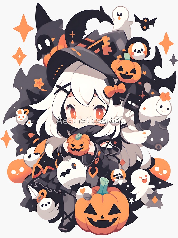 Cute anime Halloween girl w/ black cat and pumpkin