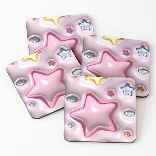 Item preview, set of 3d stars and clouds, 3d pink, yellow and blue stars on pink backdrop holiday season background festive, 3d wallpaper designed and sold by SabinArt.