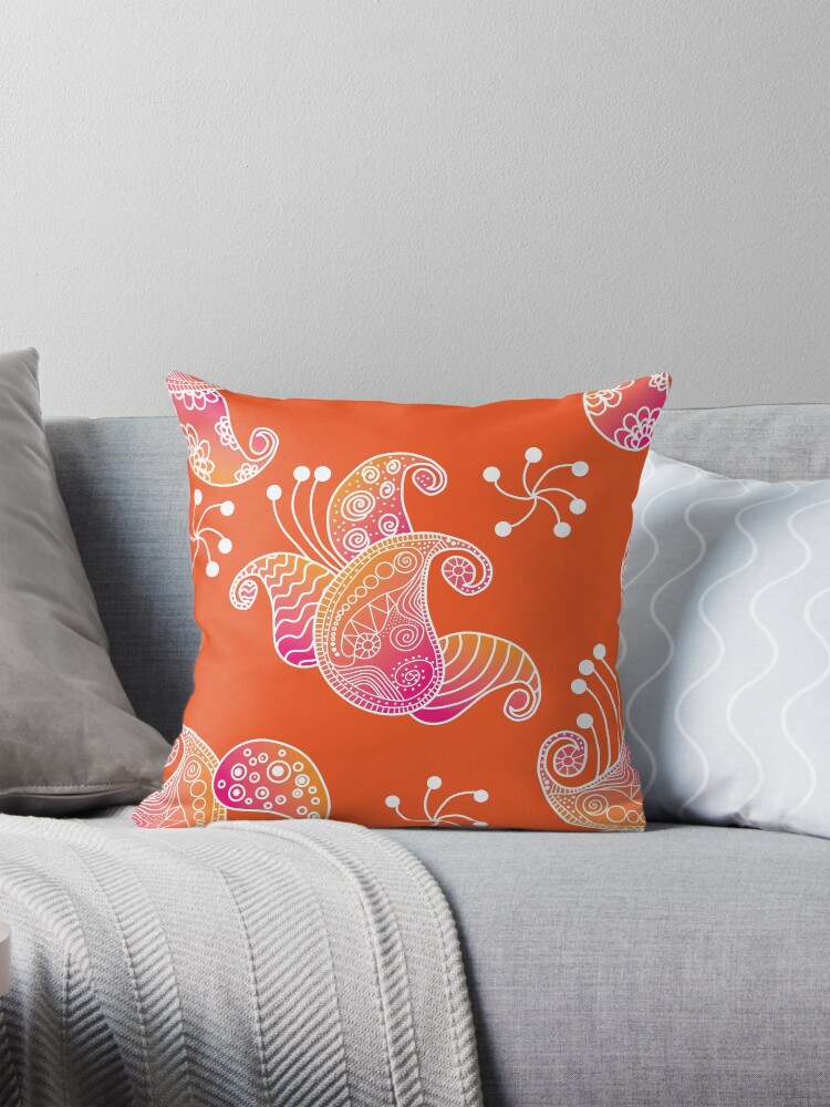 Decorated Paisley Pattern in a Burnt Orange and Hot Pink Ombré effect with  a Deep Orange Background Pillow
