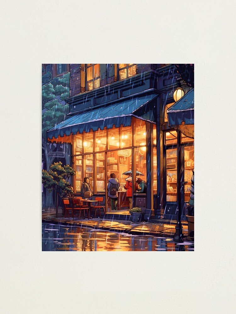 Beautiful pixel art of a cyberpunk coffeeshop in the rain