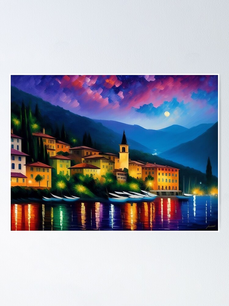 Lake Como, Gothic Ossuccio Bell Tower lakeside with boats and city lights  at twilight colorful landscape painting Poster for Sale by Jéanpaul Ferro