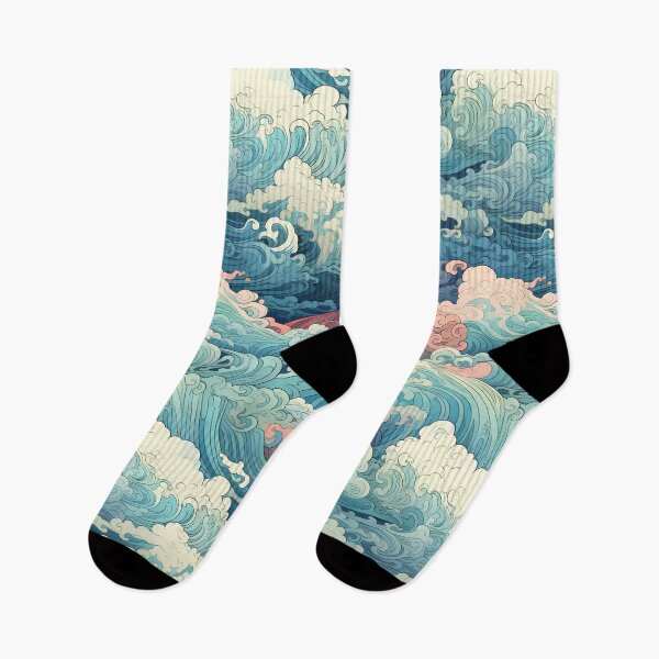Item preview, Water Pattern 9, Japanese print inspired illustrated pastel waves like magical curly dragon breath, blue, pink, white, water and nature. designed and sold by FoxRobinRabbit.