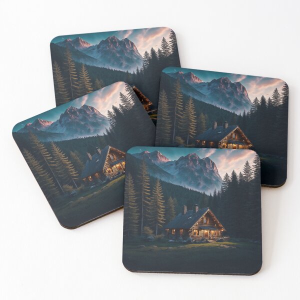 Item preview, A Cozy Cabin Nestled in a Forested Mountain Landscape, Ai Generated Art designed and sold by AiGens.