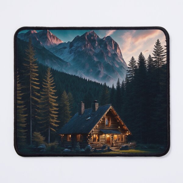 Item preview, A Cozy Cabin Nestled in a Forested Mountain Landscape, Ai Generated Art designed and sold by AiGens.