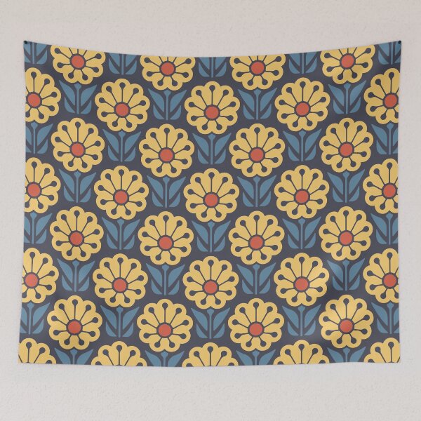 Item preview, KF 0063 D - Retro Vintage Daisy Flower Minimalist 70s Modern Geometric Floral Pattern in Yellow and Blue designed and sold by KhakiFinch.