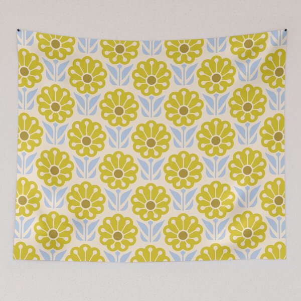 Item preview, KF 0063 F - Retro Vintage Daisy Flower Minimalist 70s Modern Geometric Floral Pattern in Yellow and Blue designed and sold by KhakiFinch.