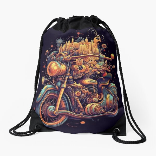 Aperçu de l'œuvre Moto colorée avec illustration de la ville - Style de mécanismes mystiques créée et vendue par PaintbrushPlace.