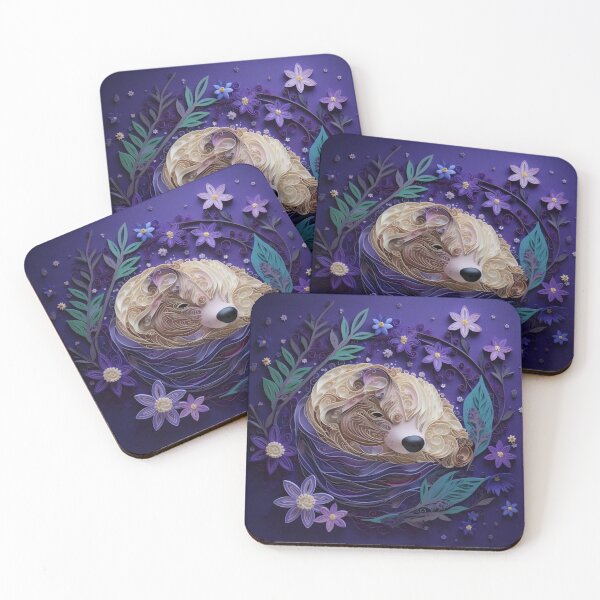 Item preview, Cute dog in a nest of flowers and leaves on a purple background designed and sold by aiphotosart.