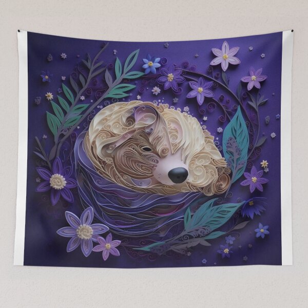 Item preview, Cute dog in a nest of flowers and leaves on a purple background designed and sold by aiphotosart.
