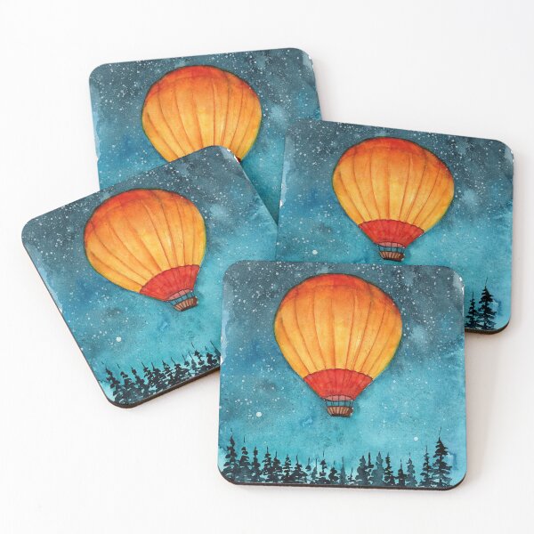 Item preview, Watercolor illustration of a yellow and red hot air balloon in a turquoise night sky designed and sold by MaryWatercolor.