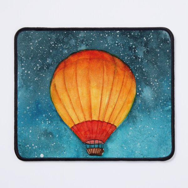 Item preview, Watercolor illustration of a yellow and red hot air balloon in a turquoise night sky designed and sold by MaryWatercolor.
