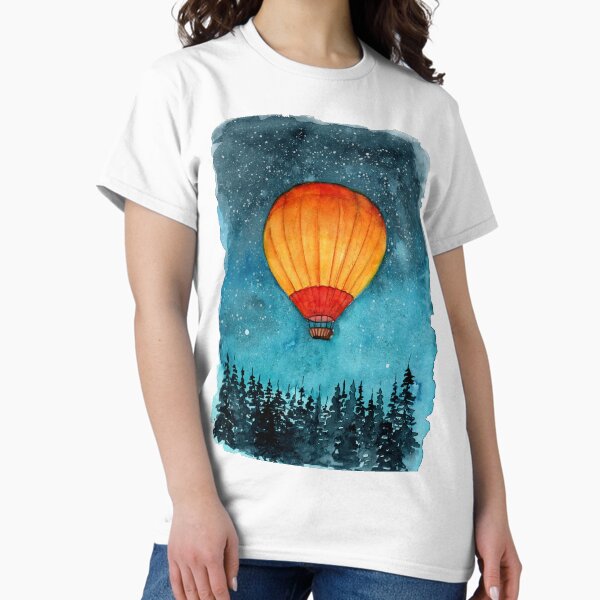 Item preview, Watercolor illustration of a yellow and red hot air balloon in a turquoise night sky designed and sold by MaryWatercolor.
