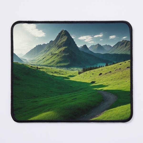 Item preview, A Peaceful Mountain Landscape with a Verdant Meadow Stretching between Rugged Slopes, Ai Generated Art designed and sold by AiGens.