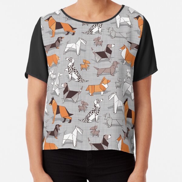 Origami doggie friends // grey linen texture background Chiffon Top