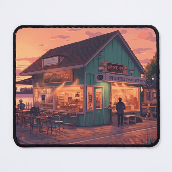 Item preview, Lofi whimsical restaurant by the seaside during sunset designed and sold by BVDigitalArt.