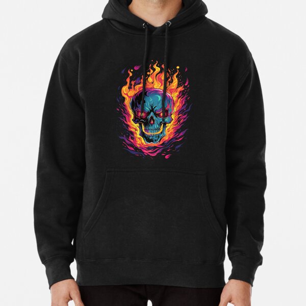 Flaming Skull Red Orange & Blue Cool Skeleton Skull Graphic Pullover Hoodie  for Sale by SpookshowDesign