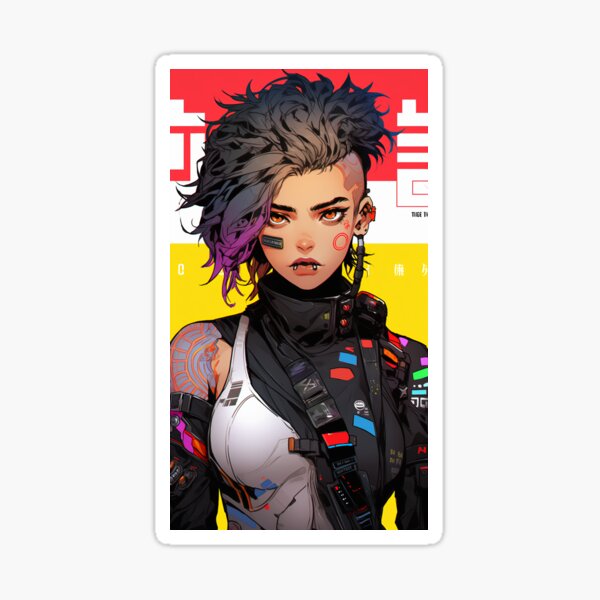 Vista previa del artículo con la obra «Cyberpunk Biker Cyborg Girl Estilo distópico urbano futurista japonés», diseñado y vendido por Henrique Martinez.