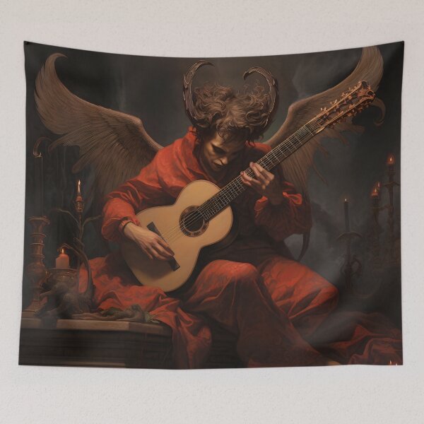 Item preview, Infernal melodies II: A guitarist demon wrapped in flowers and red cloth creates dark art with his guitar. designed and sold by InsaneLEDP.