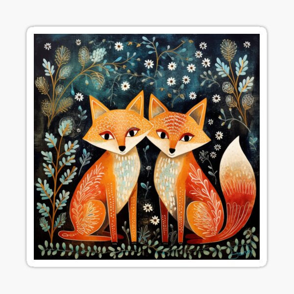 Item preview, Cute folk art Fox Couple designed and sold by EpicFoxArt.