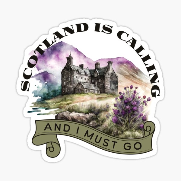 Item preview, Scotland is Calling and I Must Go Scottish Highland Watercolor Stone House with Thistles and Mountains designed and sold by GlobalGraphics.
