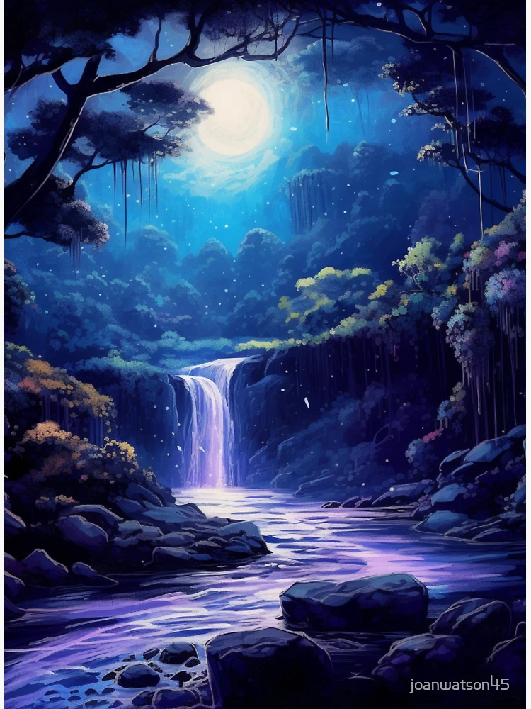 Aetherclockpunk Serenity: Moonlit Waterfall and Colorful Scenery