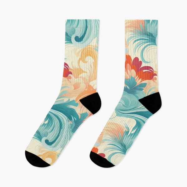 Item preview, Water Flower Pattern 5, subtle waves like feathers or blossoms opening up, swirling ink, growing spirals, orange, blue, red, white, ocean and nature. designed and sold by FoxRobinRabbit.