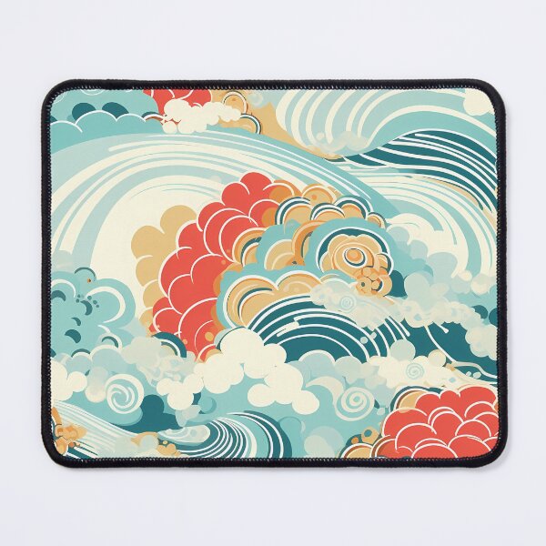 Item preview, Water Flower Pattern 6, Japanese inspired vibrant churning water, bubbles and blossoms, waves swirling spirals, crashing, tumbling, blue, red, gold, white, ocean and nature. designed and sold by FoxRobinRabbit.