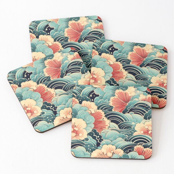 Item preview, Water Flower Pattern 7, vintage Japanese churning water, hibiscus flowers like seashells, waves swirling in circles, splashing sea spray, blue, red, white, black, ocean and nature. designed and sold by FoxRobinRabbit.