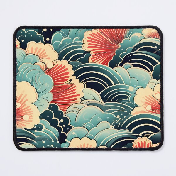 Item preview, Water Flower Pattern 7, vintage Japanese churning water, hibiscus flowers like seashells, waves swirling in circles, splashing sea spray, blue, red, white, black, ocean and nature. designed and sold by FoxRobinRabbit.