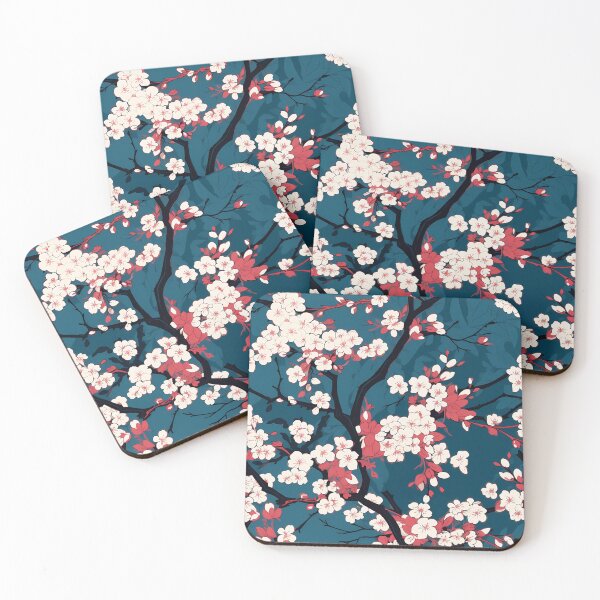 Item preview, Flower Pattern 15, illustrated brightly lit sakura flowers on a spooky foggy night, cherry blossoms, pink, red, blue, black, Japanese flora and nature. designed and sold by FoxRobinRabbit.