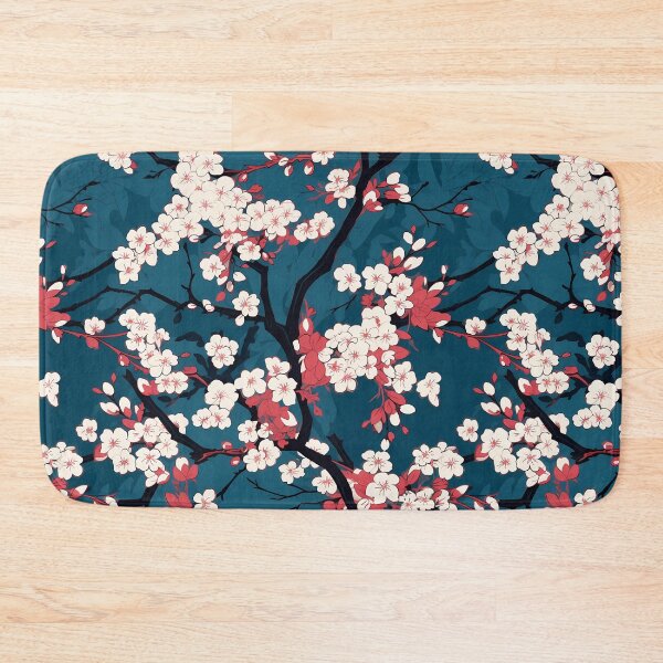 Item preview, Flower Pattern 15, illustrated brightly lit sakura flowers on a spooky foggy night, cherry blossoms, pink, red, blue, black, Japanese flora and nature. designed and sold by FoxRobinRabbit.